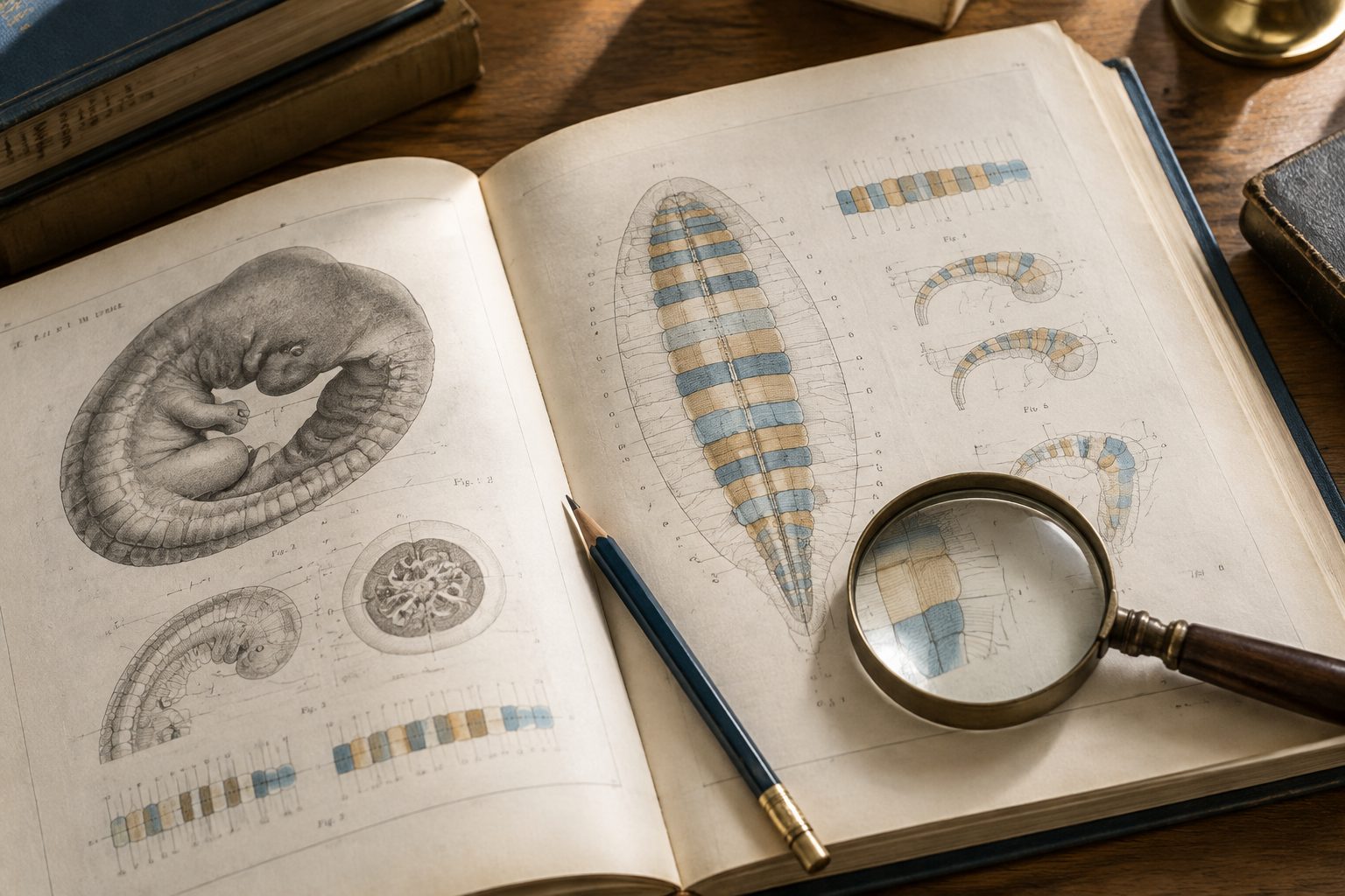 Open vintage embryology atlas showing a printed diagram of parallel banding segments along an axis, with a pencil and magnifier resting on the page